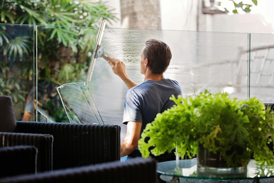 Professional window cleaning in commercial building
