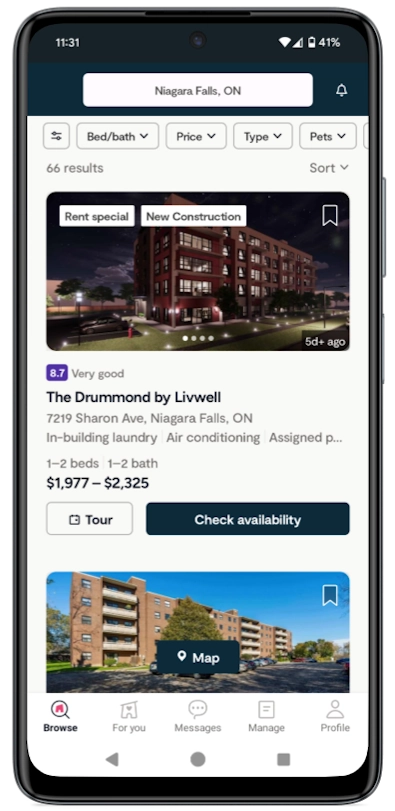 Mobile phone showing rental property listing